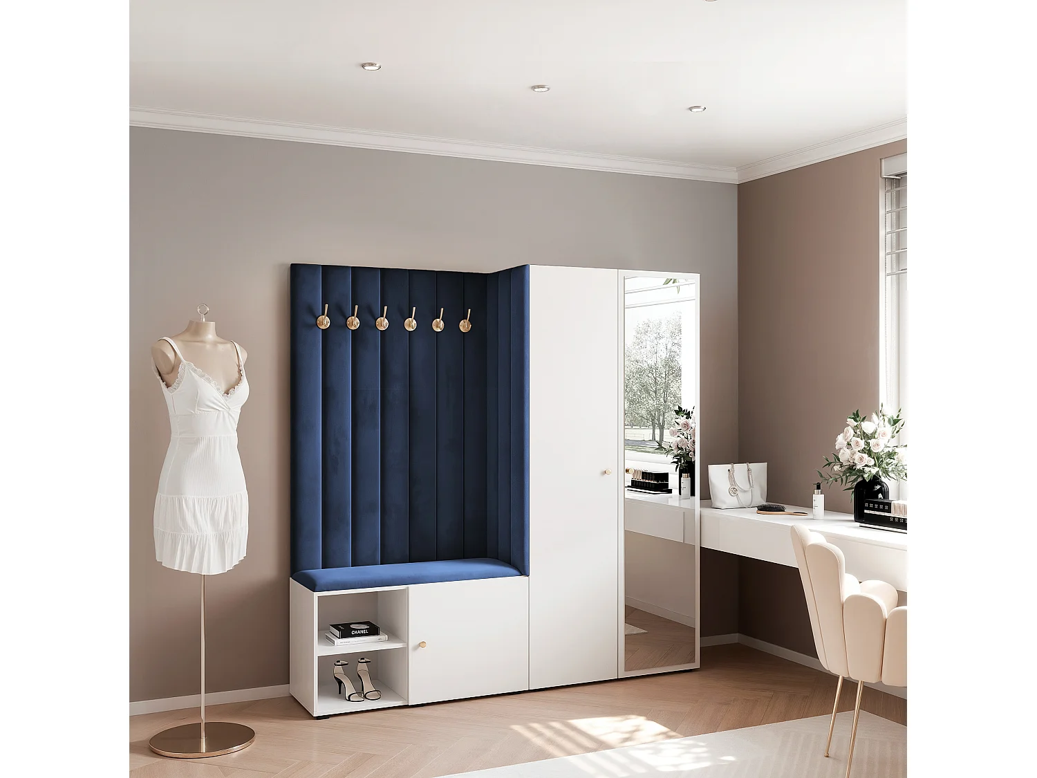Vestiaire Aria 190 cm Blanc Rembourré Bleu Atlantique Soft-Close Poignées Doré