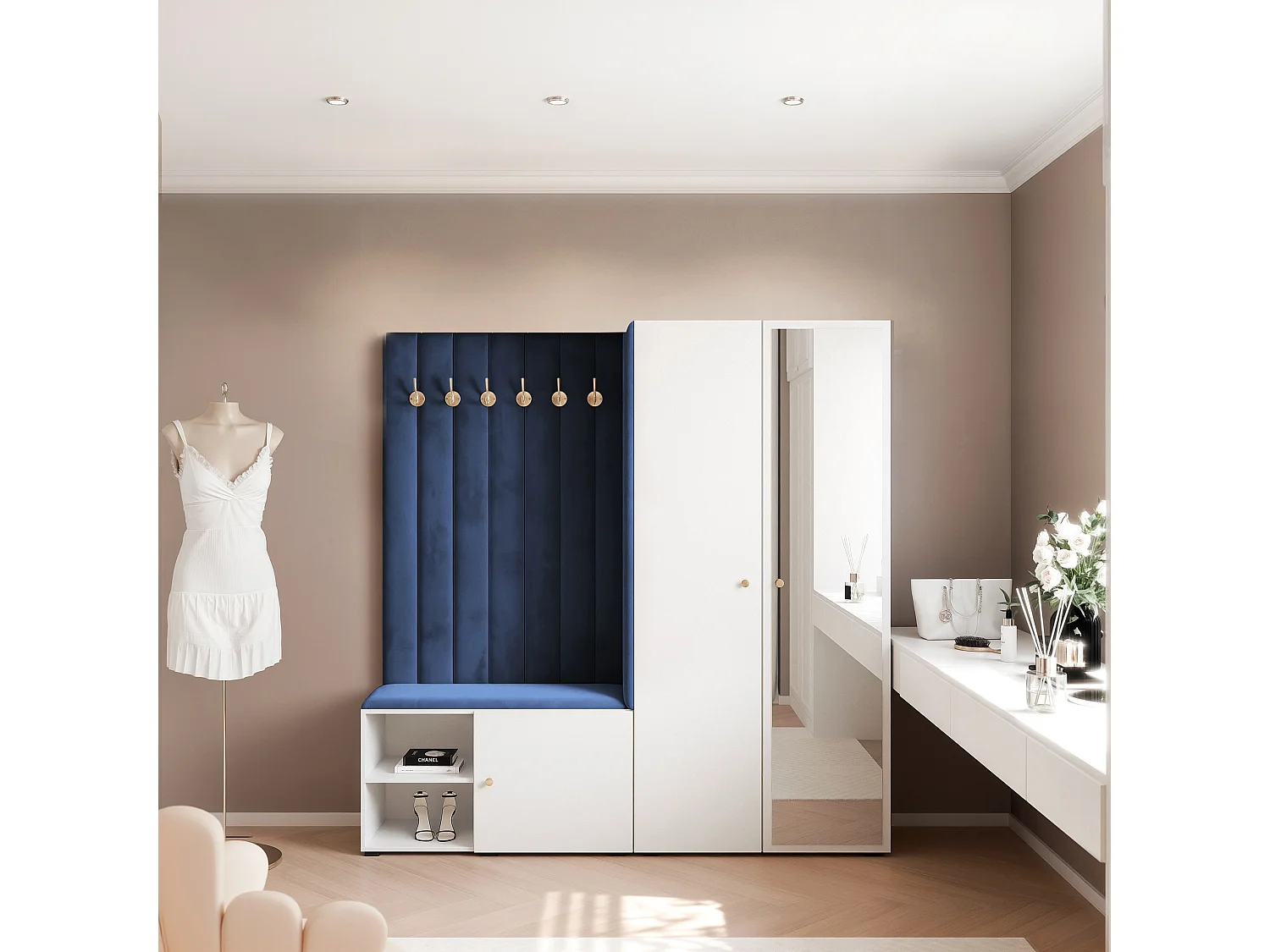Vestiaire Aria 190 cm Blanc Rembourré Bleu Atlantique Soft-Close Poignées Doré