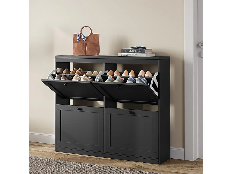 Meuble à Chaussures HavenlyHome, 4 Porte, 2 Compartiment, Étagères Réglables, 16 à 24 Paire, pour Couloir Entrée, 105x24x83cm, Noir
