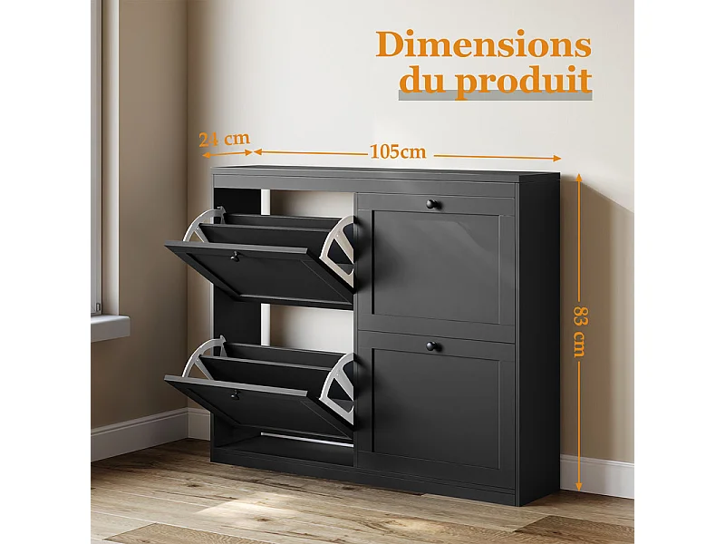 Meuble à Chaussures HavenlyHome, 4 Porte, 2 Compartiment, Étagères Réglables, 16 à 24 Paire, pour Couloir Entrée, 105x24x83cm, Noir