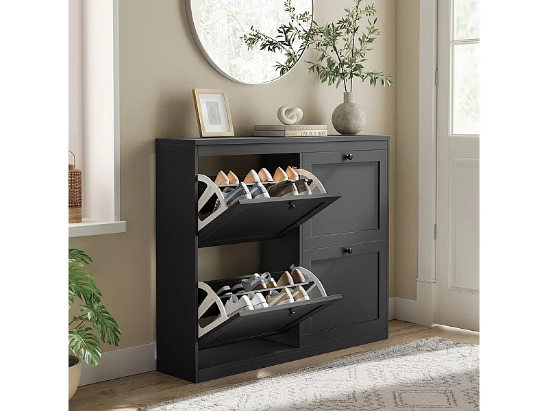 Meuble à Chaussures HavenlyHome, 4 Porte, 2 Compartiment, Étagères Réglables, 16 à 24 Paire, pour Couloir Entrée, 105x24x83cm, Noir