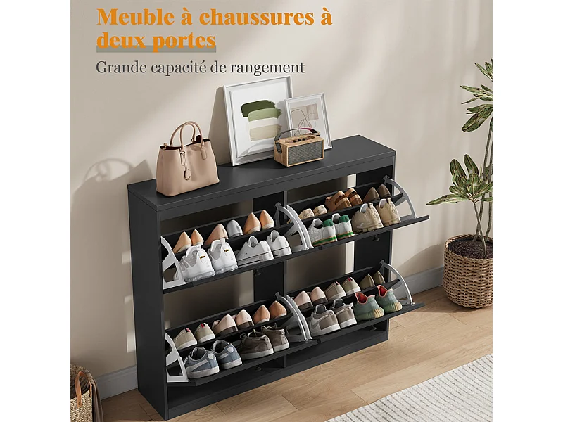 Meuble à Chaussures HavenlyHome, 4 Porte, 2 Compartiment, Étagères Réglables, 16 à 24 Paire, pour Couloir Entrée, 105x24x83cm, Noir