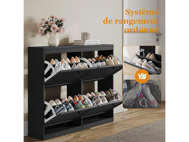 Meuble à Chaussures HavenlyHome, 4 Porte, 2 Compartiment, Étagères Réglables, 16 à 24 Paire, pour Couloir Entrée, 105x24x83cm, Noir