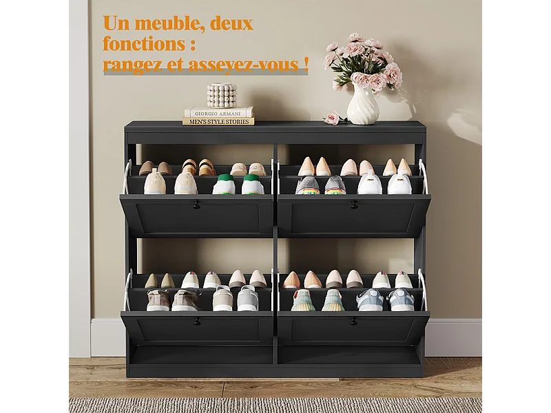 Meuble à Chaussures HavenlyHome, 4 Porte, 2 Compartiment, Étagères Réglables, 16 à 24 Paire, pour Couloir Entrée, 105x24x83cm, Noir