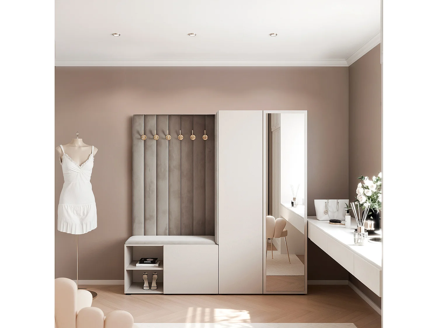 Garderobe Aria 190 cm Kaschmir Gepolstert Mausgrau Soft-Close Push-to-Open