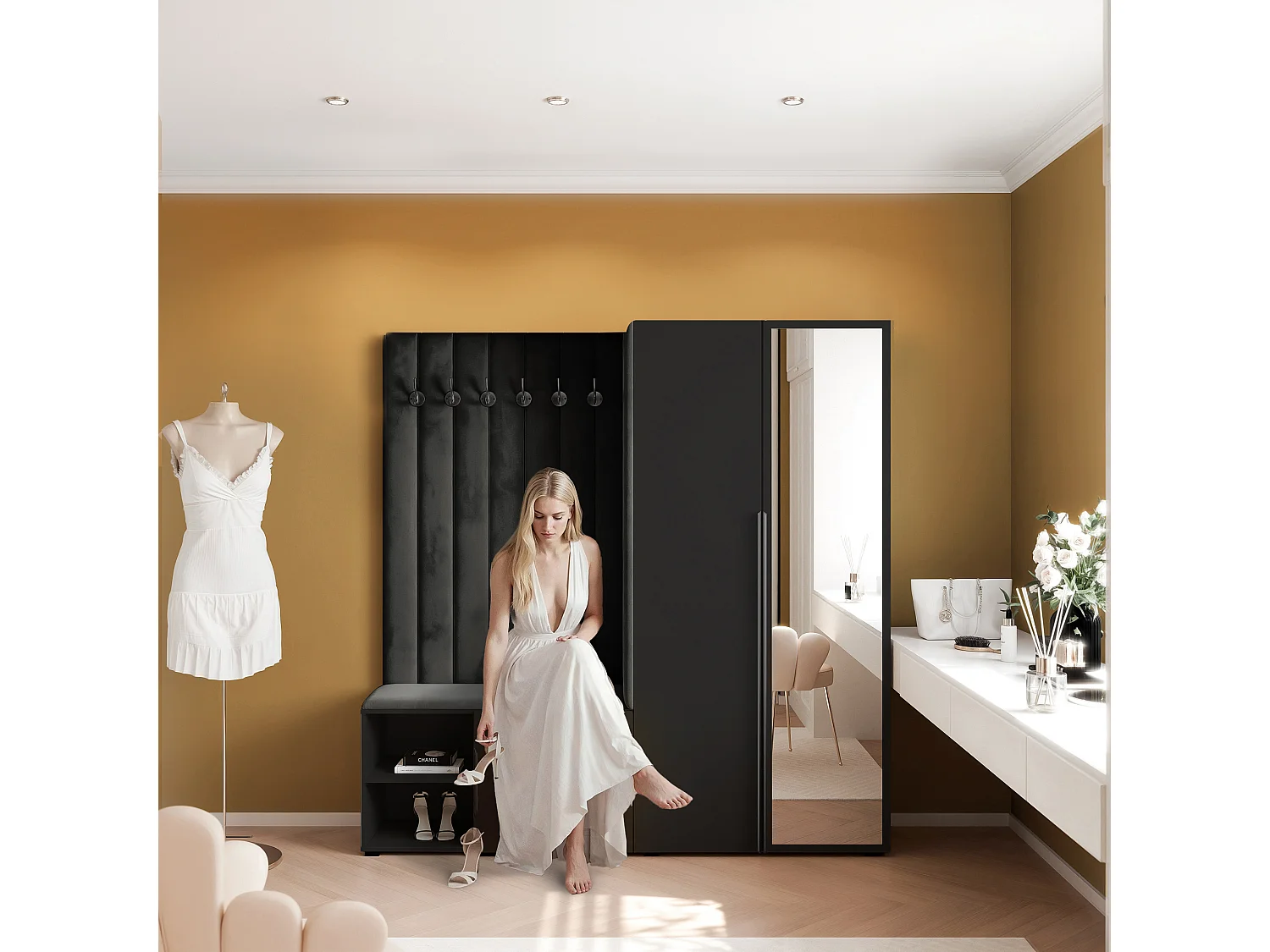 Garderobe Aria 190 cm Schwarz Gepolstert Schwarz Soft-Close Griffe Schwarz
