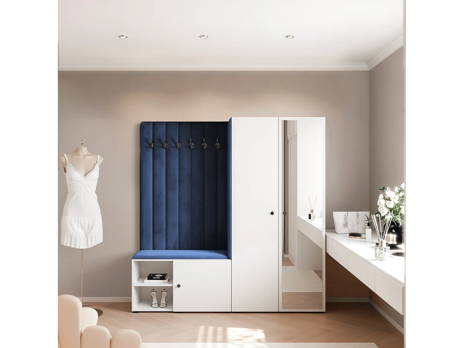 Garderobe Aria 190 cm Weiß Gepolstert Atlantikblau Soft-Close Griffe Schwarz