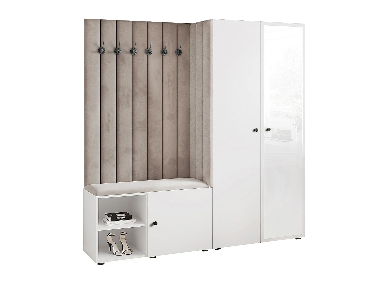 Vestiaire Aria 190 cm Blanc Rembourré Gris Clair Soft-Close Poignées Noir