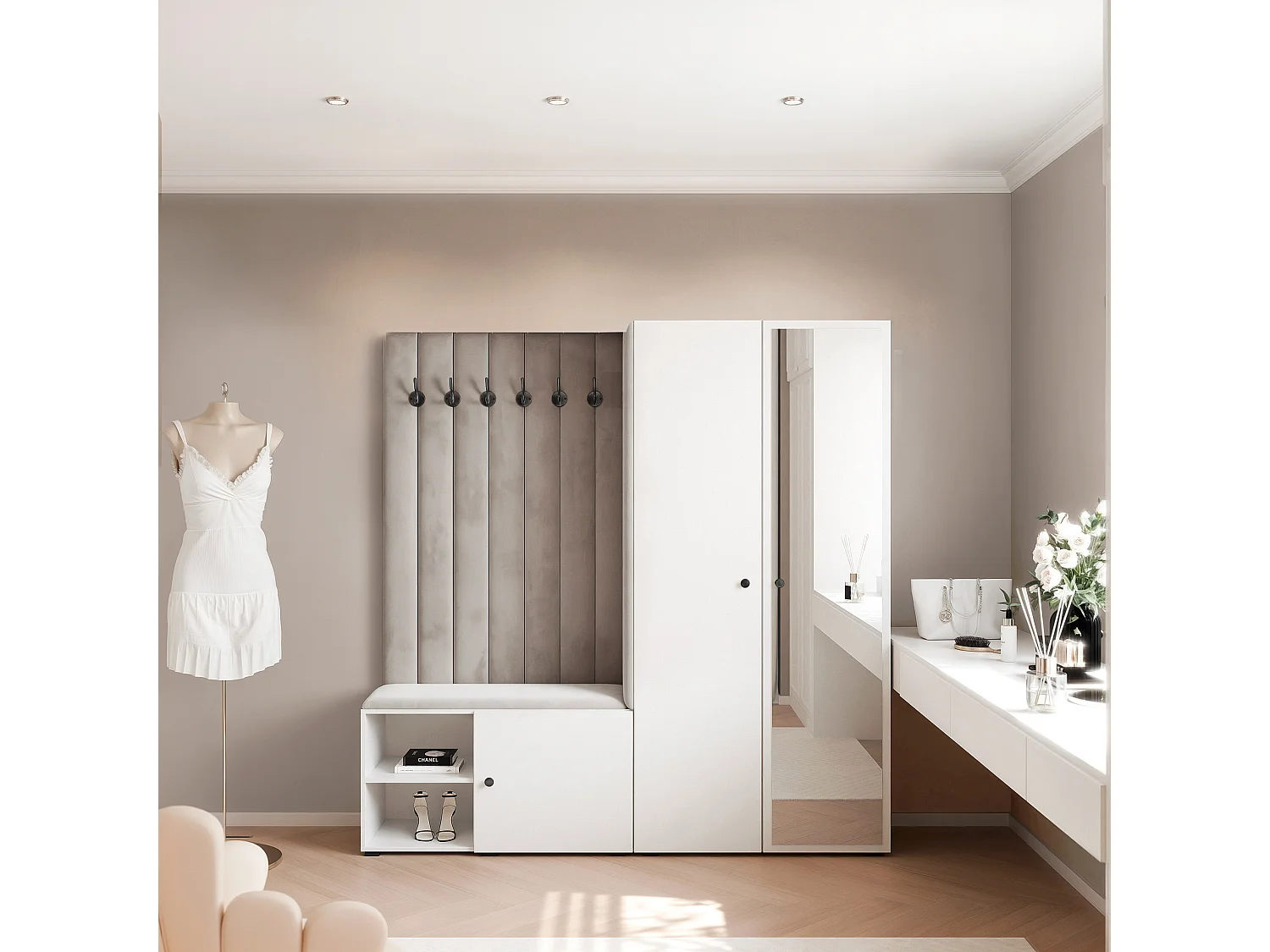 Vestiaire Aria 190 cm Blanc Rembourré Gris Clair Soft-Close Poignées Noir