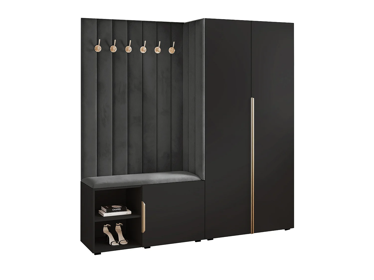 Garderobe Aria 190 cm Schwarz Gepolstert Graphit Soft-Close Griffe Gold