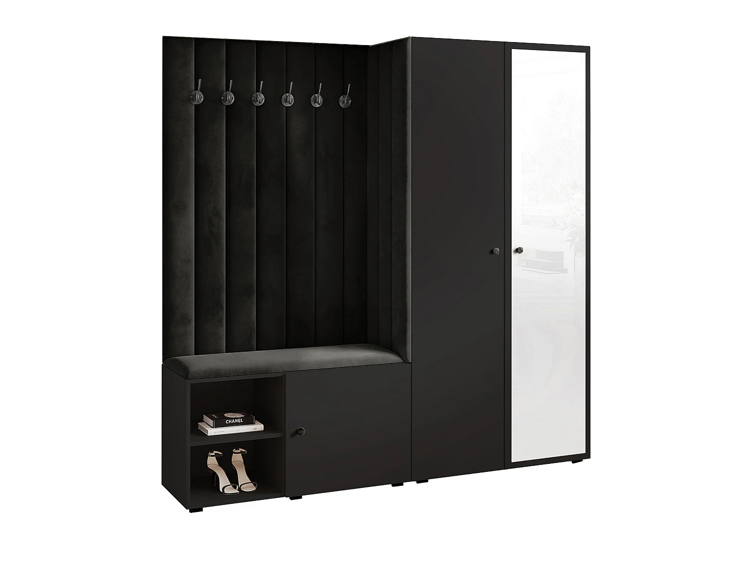 Garderobe Aria 190 cm Schwarz Gepolstert Schwarz Soft-Close Griffe Schwarz