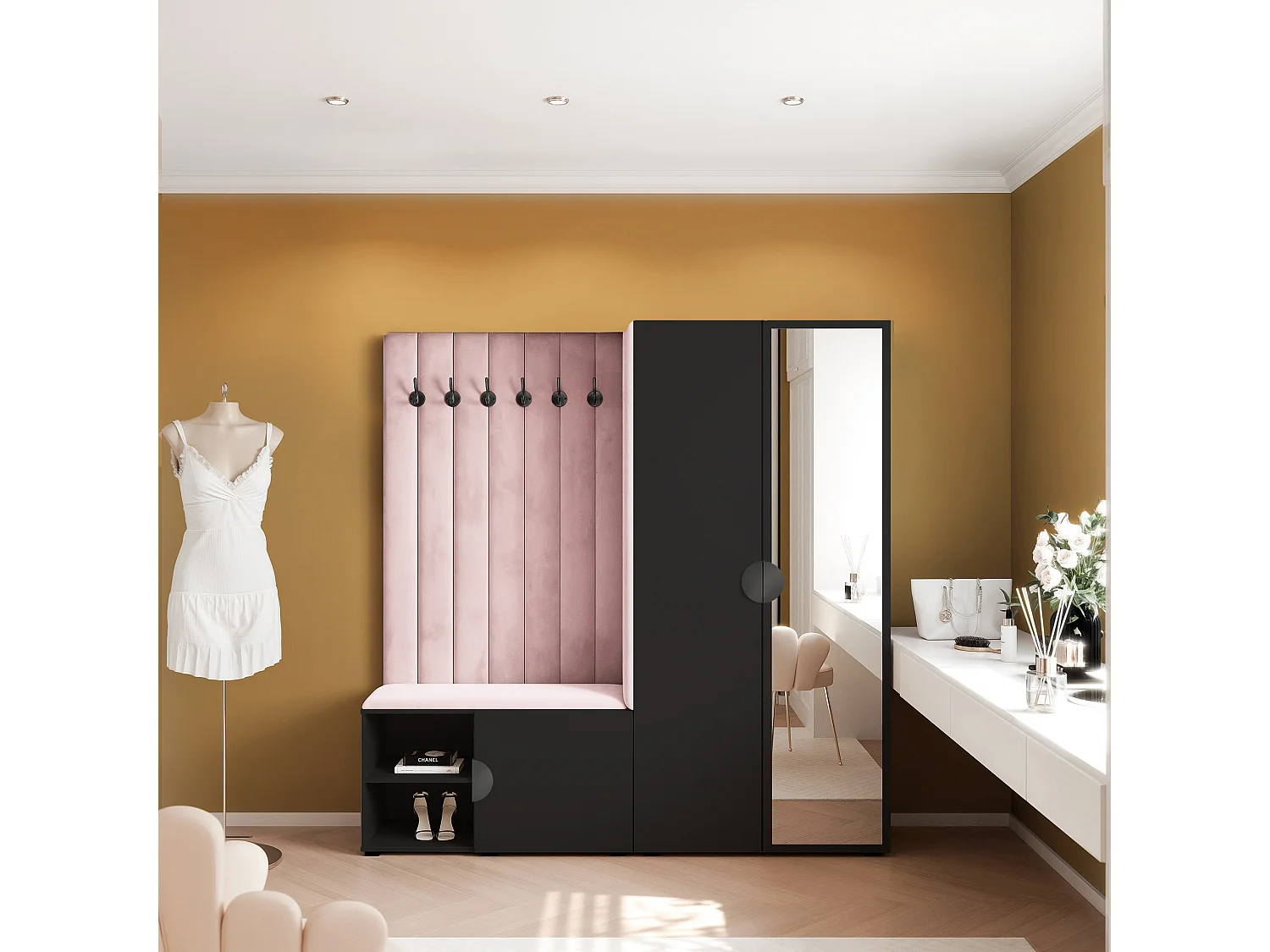 Garderobe Aria 190 cm Schwarz Gepolstert Rosa Soft-Close Griffe Schwarz