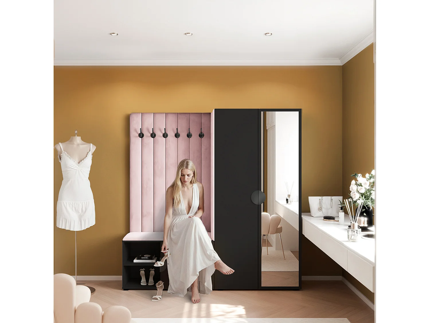Garderobe Aria 190 cm Schwarz Gepolstert Rosa Soft-Close Griffe Schwarz