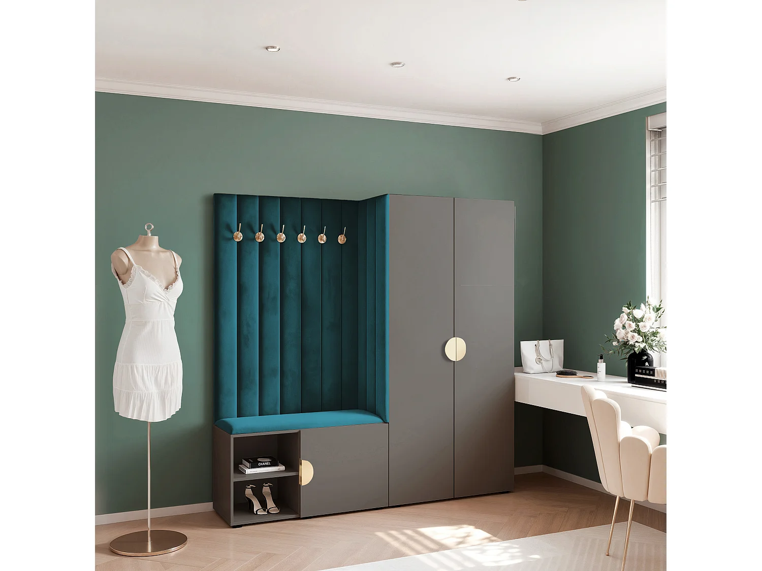 Vestiaire Aria 190 cm Gris Rembourré Bleu Marine Soft-Close Poignées Doré