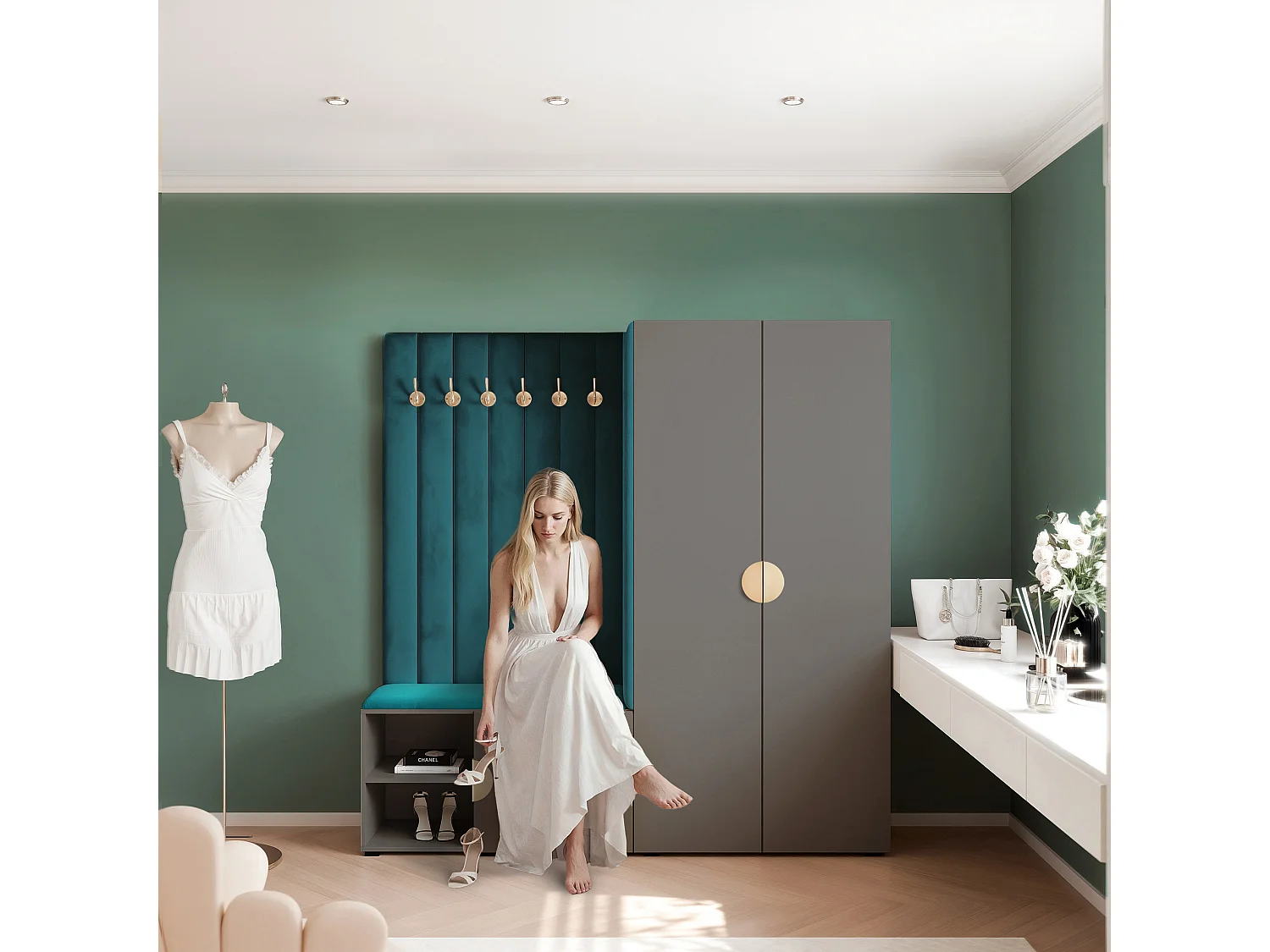 Vestiaire Aria 190 cm Gris Rembourré Bleu Marine Soft-Close Poignées Doré