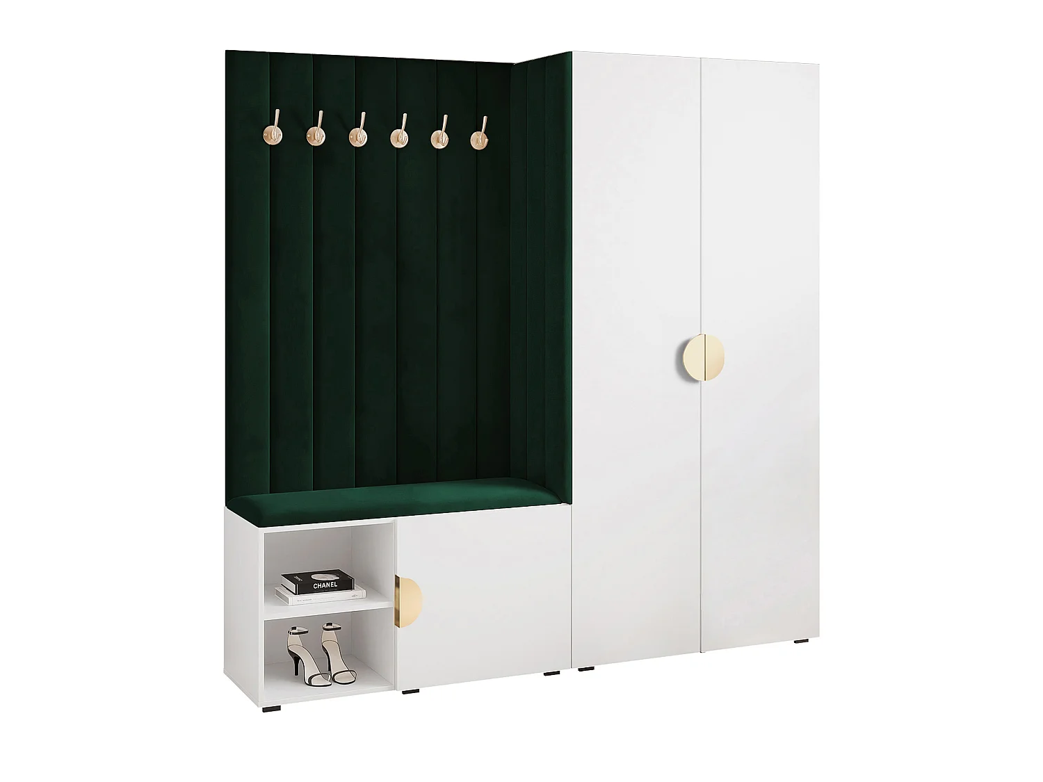 Vestiaire Aria 190 cm Blanc Rembourré Vert Foncé Soft-Close Poignées Doré