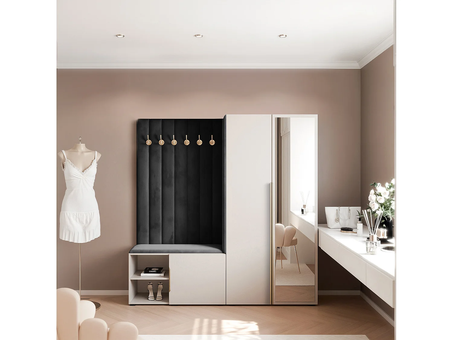 Vestiaire Aria 190 cm Cachemire Rembourré Noir Soft-Close Poignées Doré