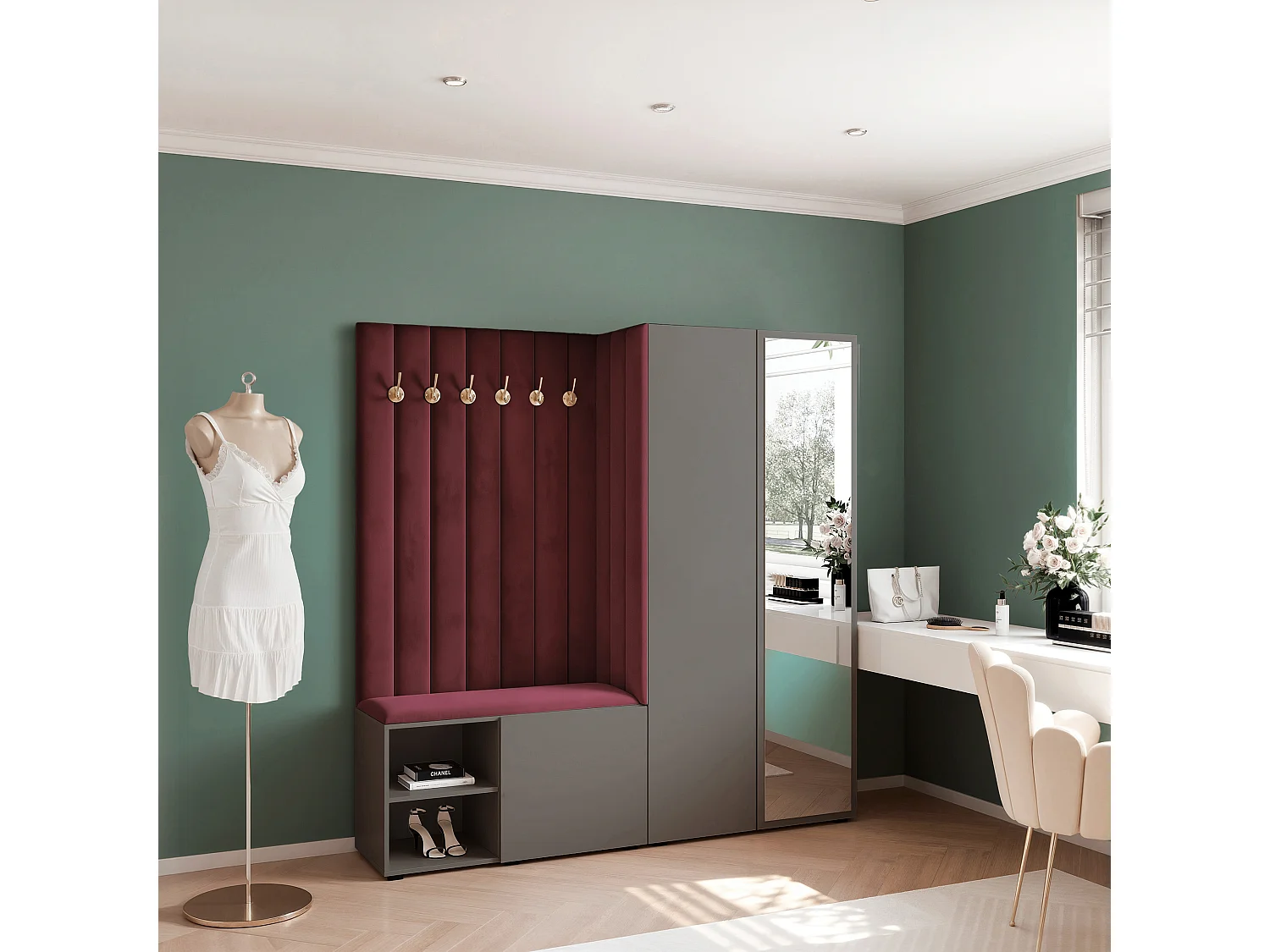 Vestiaire Aria 190 cm Gris Rembourré Bordeaux Soft-Close Push-to-Open