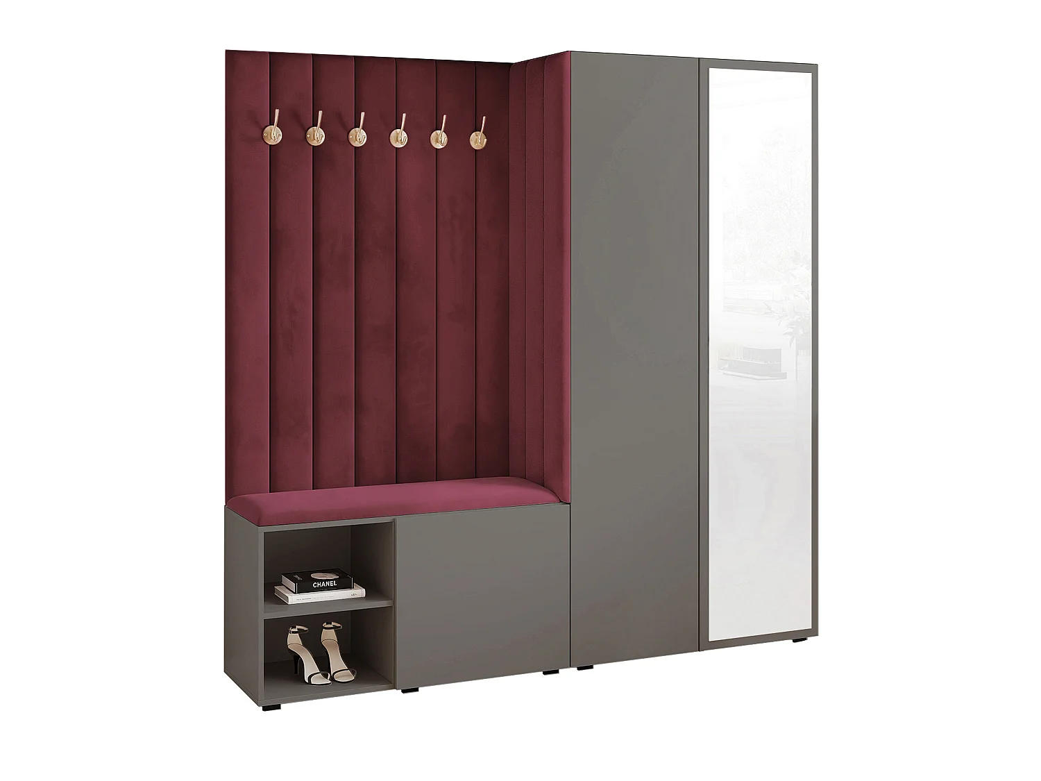 Vestiaire Aria 190 cm Gris Rembourré Bordeaux Soft-Close Push-to-Open