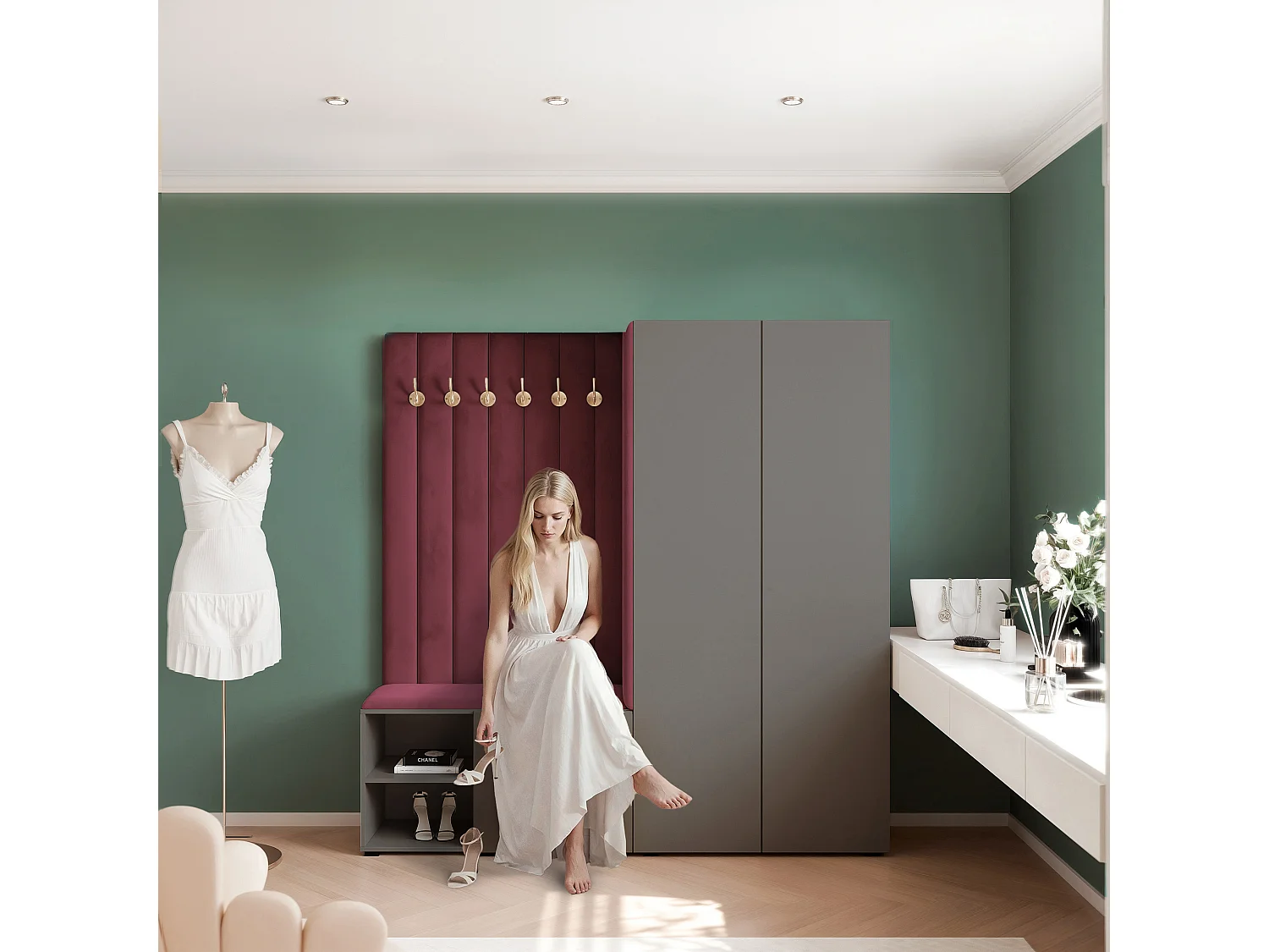 Vestiaire Aria 190 cm Gris Rembourré Bordeaux Soft-Close Push-to-Open