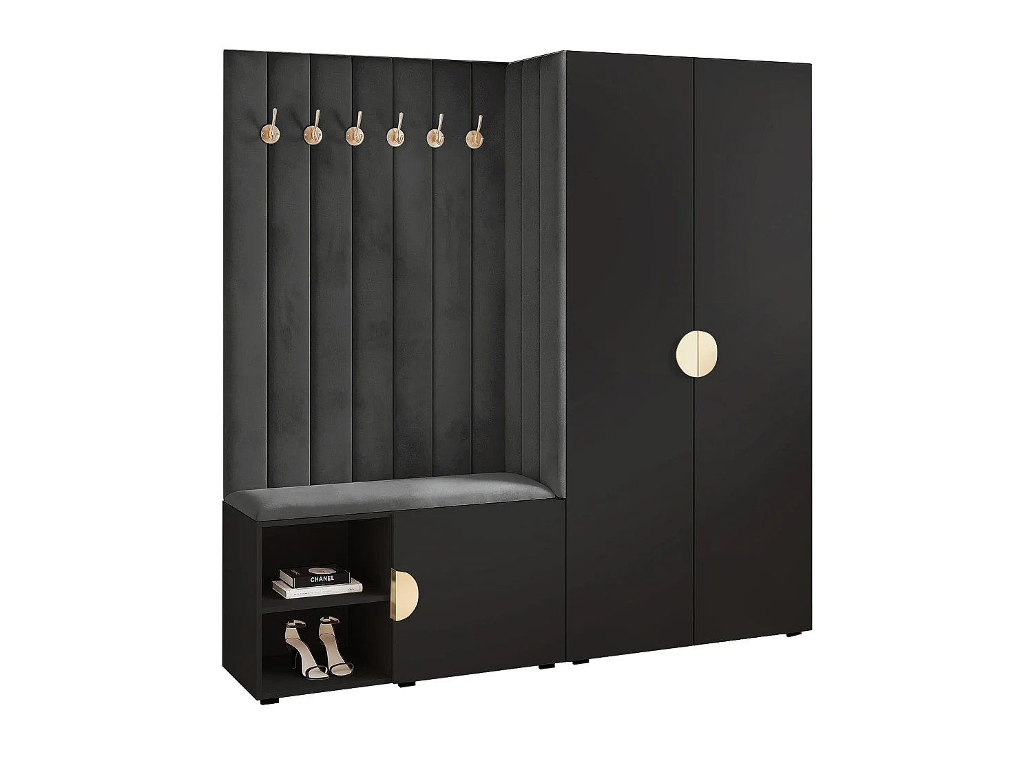 Garderobe Aria 190 cm Schwarz Gepolstert Graphit Soft-Close Griffe Gold