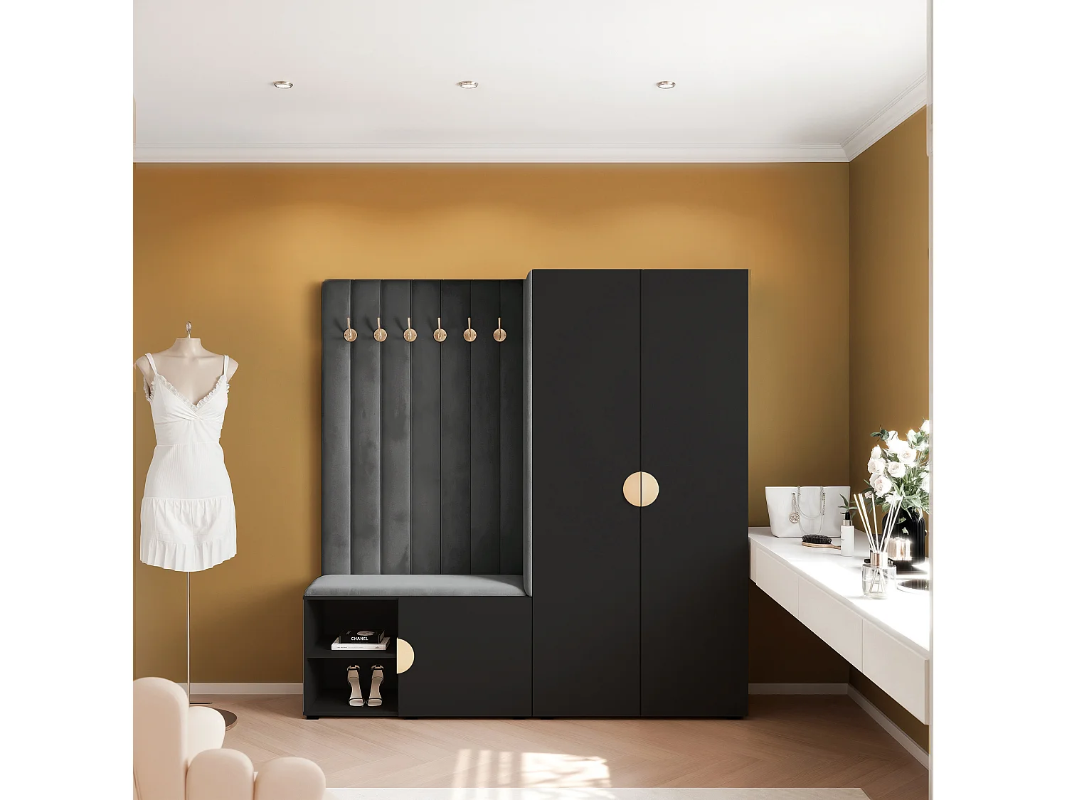 Garderobe Aria 190 cm Schwarz Gepolstert Graphit Soft-Close Griffe Gold