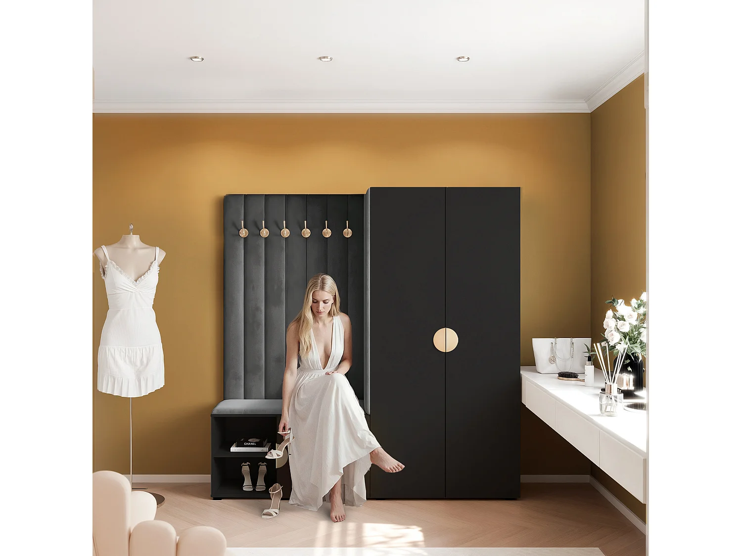 Garderobe Aria 190 cm Schwarz Gepolstert Graphit Soft-Close Griffe Gold