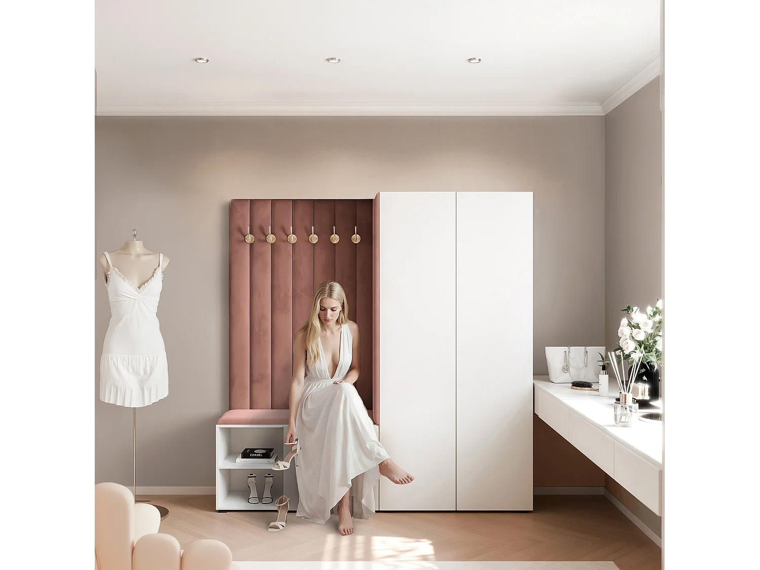Vestiaire Aria 190 cm Blanc Rembourré Rouille Soft-Close Push-to-Open