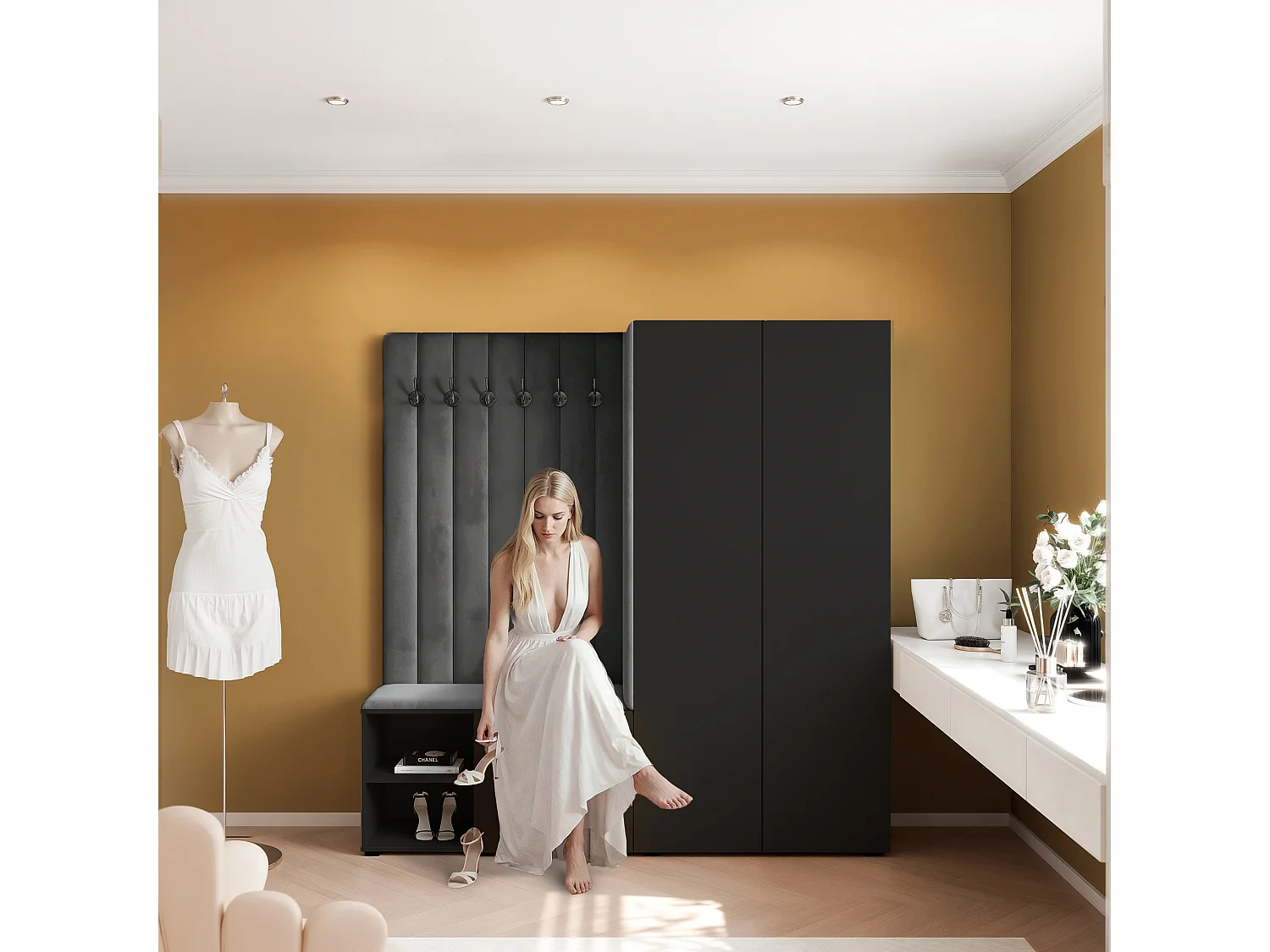 Vestiaire Aria 190 cm Noir Rembourré Graphite Soft-Close Push-to-Open