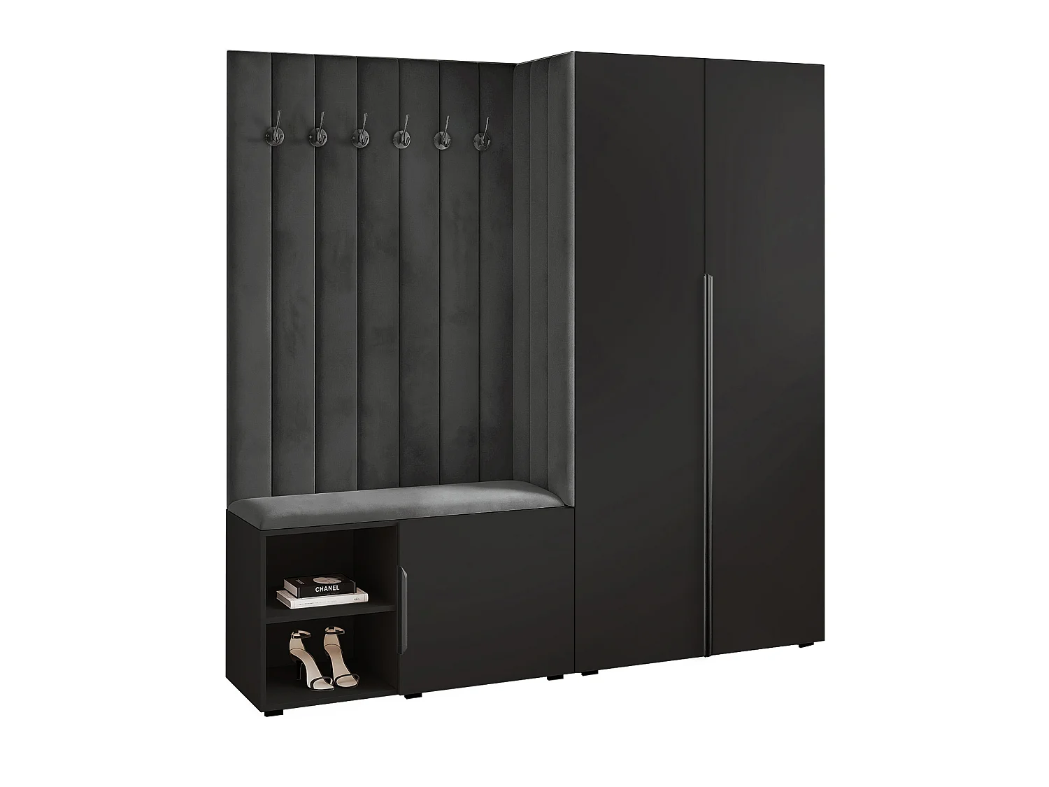 Garderobe Aria 190 cm Schwarz Gepolstert Graphit Soft-Close Griffe Schwarz