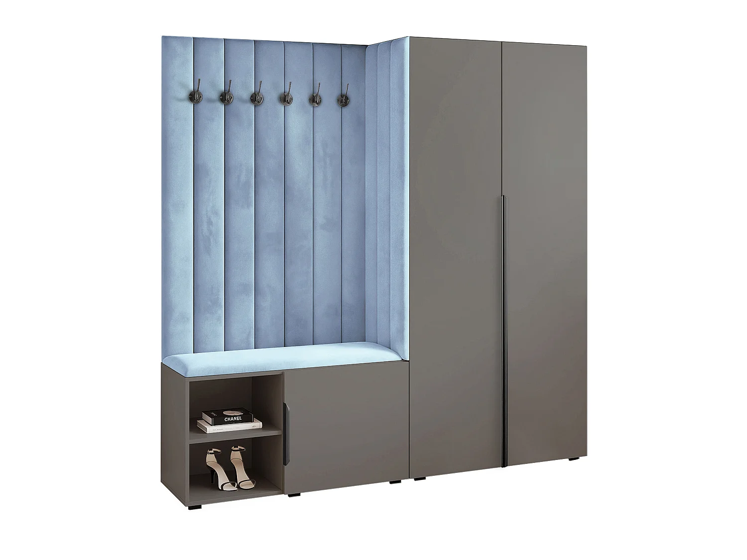 Garderobe Aria 190 cm Grau Gepolstert Hellblau Soft-Close Griffe Schwarz