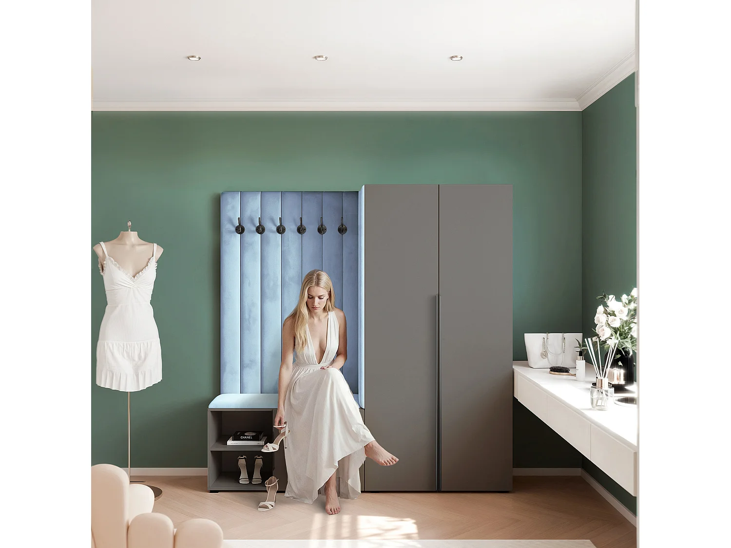 Garderobe Aria 190 cm Grau Gepolstert Hellblau Soft-Close Griffe Schwarz