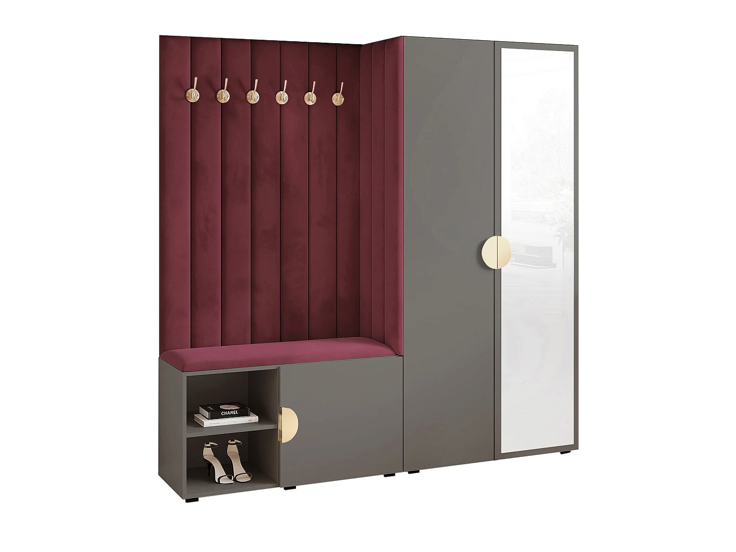 Vestiaire Aria 190 cm Gris Rembourré Bordeaux Soft-Close Poignées Doré