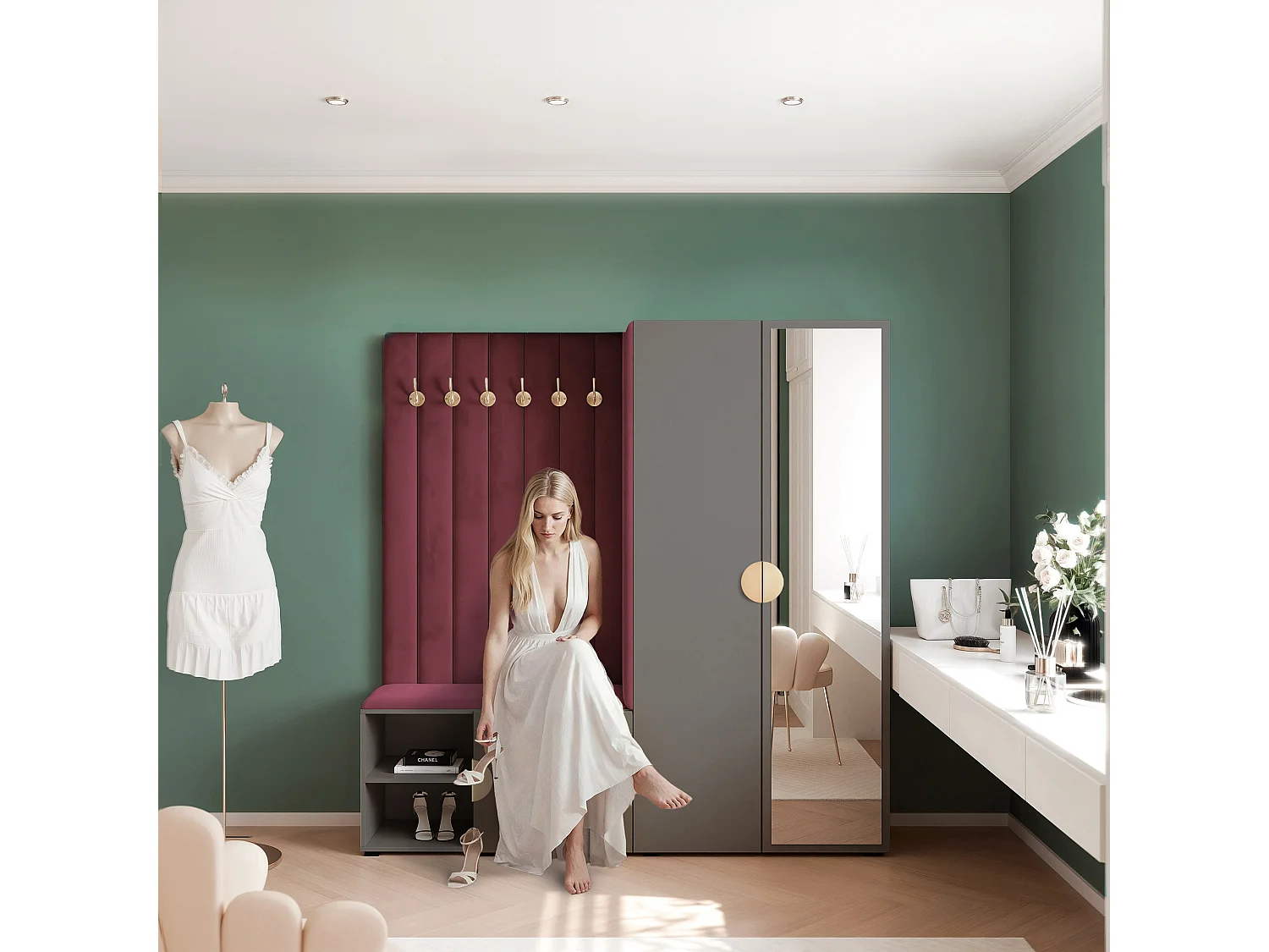 Vestiaire Aria 190 cm Gris Rembourré Bordeaux Soft-Close Poignées Doré