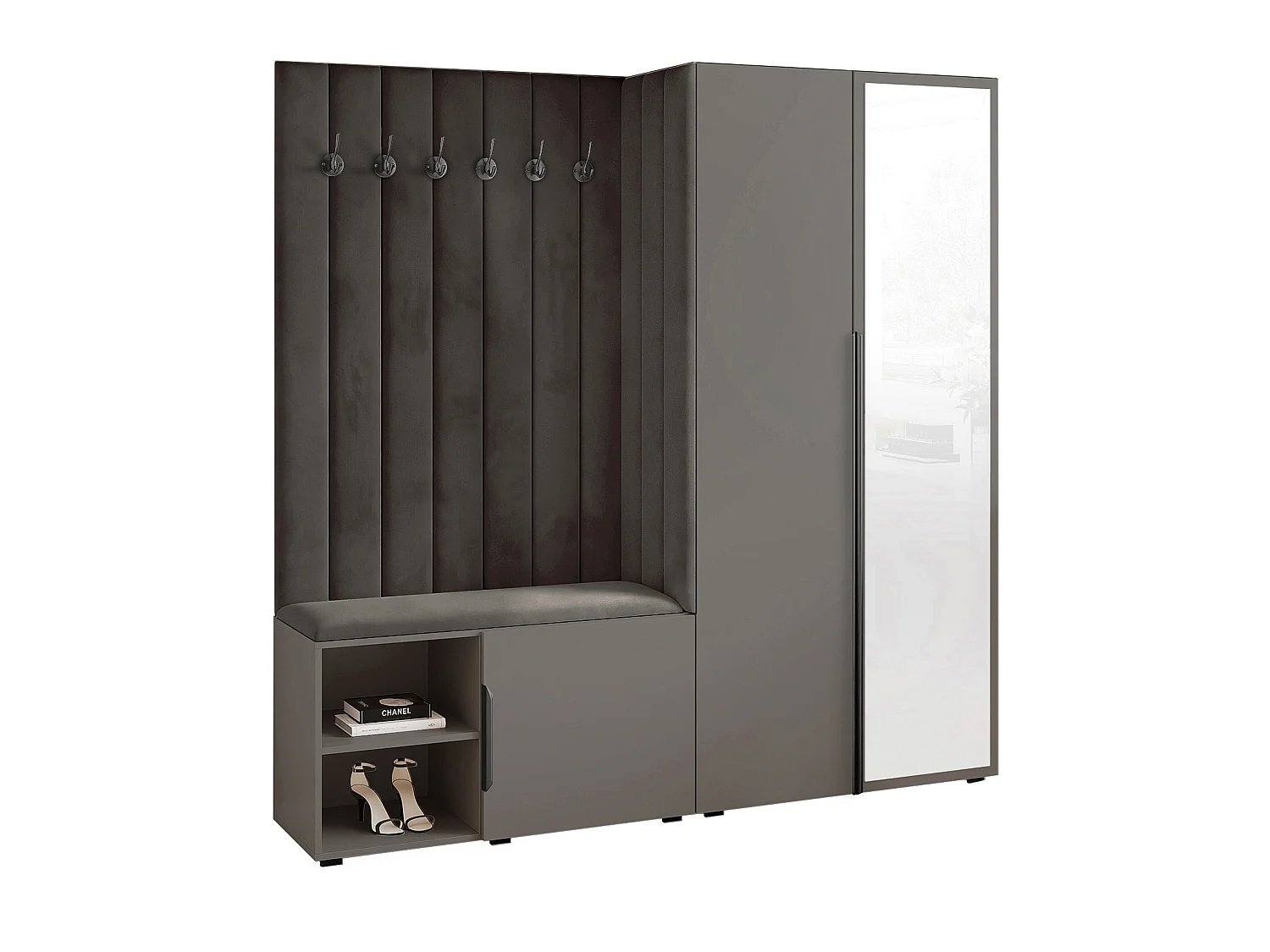 Vestiaire Aria 190 cm Gris Rembourré Anthracite Soft-Close Poignées Noir