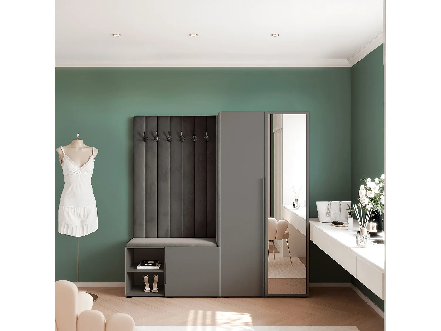 Vestiaire Aria 190 cm Gris Rembourré Anthracite Soft-Close Poignées Noir