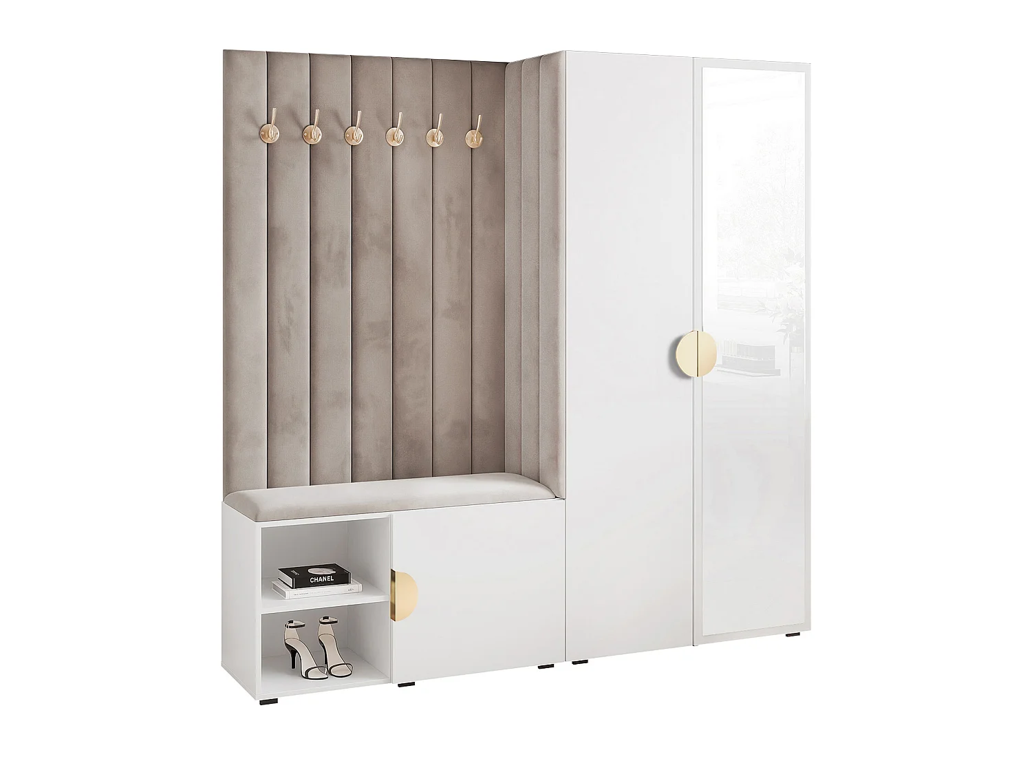 Vestiaire Aria 190 cm Blanc Rembourré Gris Clair Soft-Close Poignées Doré