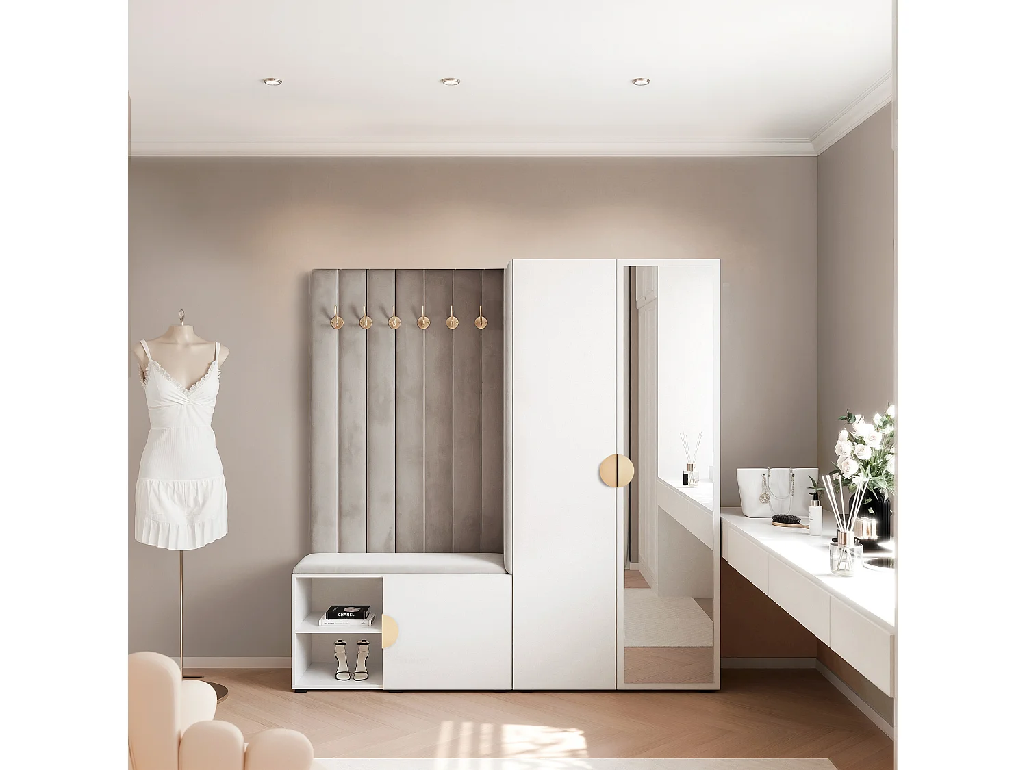 Vestiaire Aria 190 cm Blanc Rembourré Gris Clair Soft-Close Poignées Doré