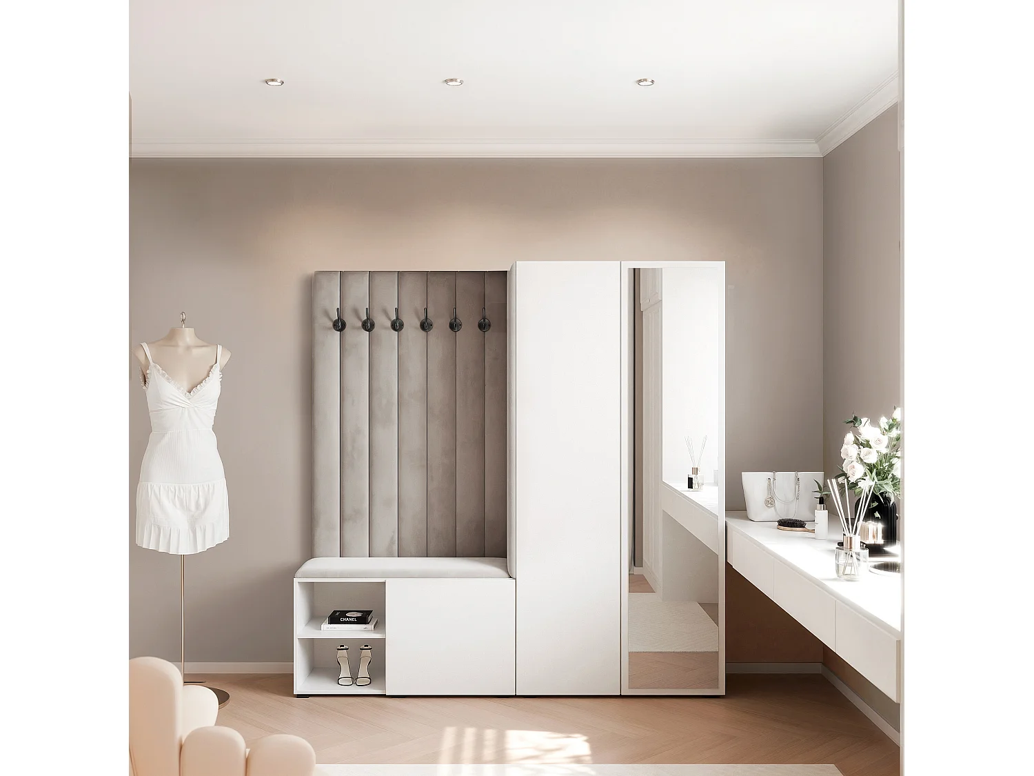 Vestiaire Aria 190 cm Blanc Rembourré Gris Clair Soft-Close Push-to-Open