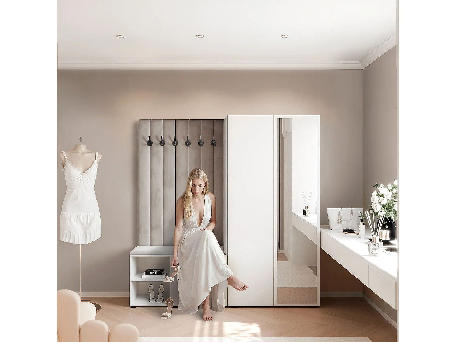 Vestiaire Aria 190 cm Blanc Rembourré Gris Clair Soft-Close Push-to-Open