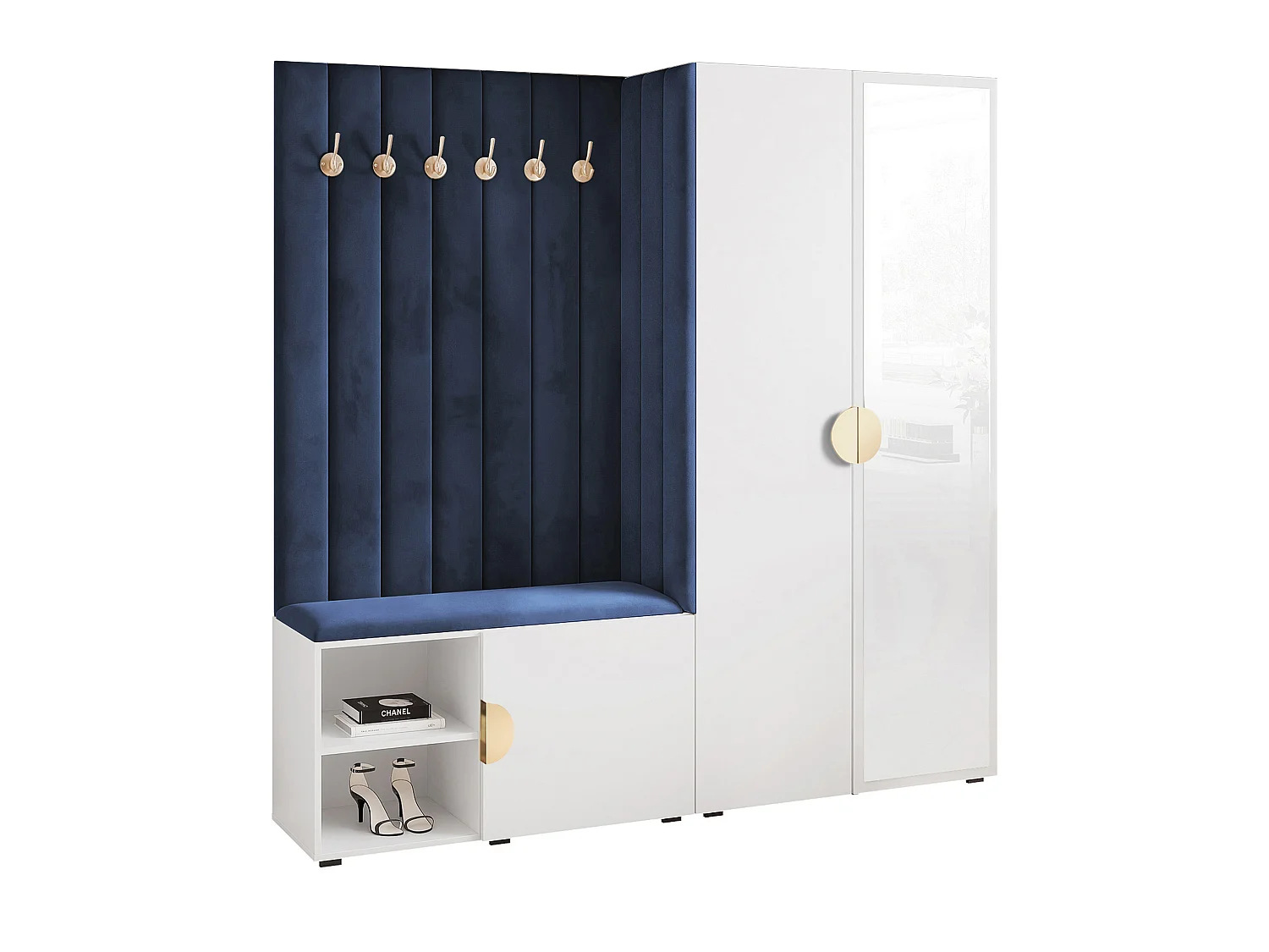 Vestiaire Aria 190 cm Blanc Rembourré Bleu Atlantique Soft-Close Poignées Doré
