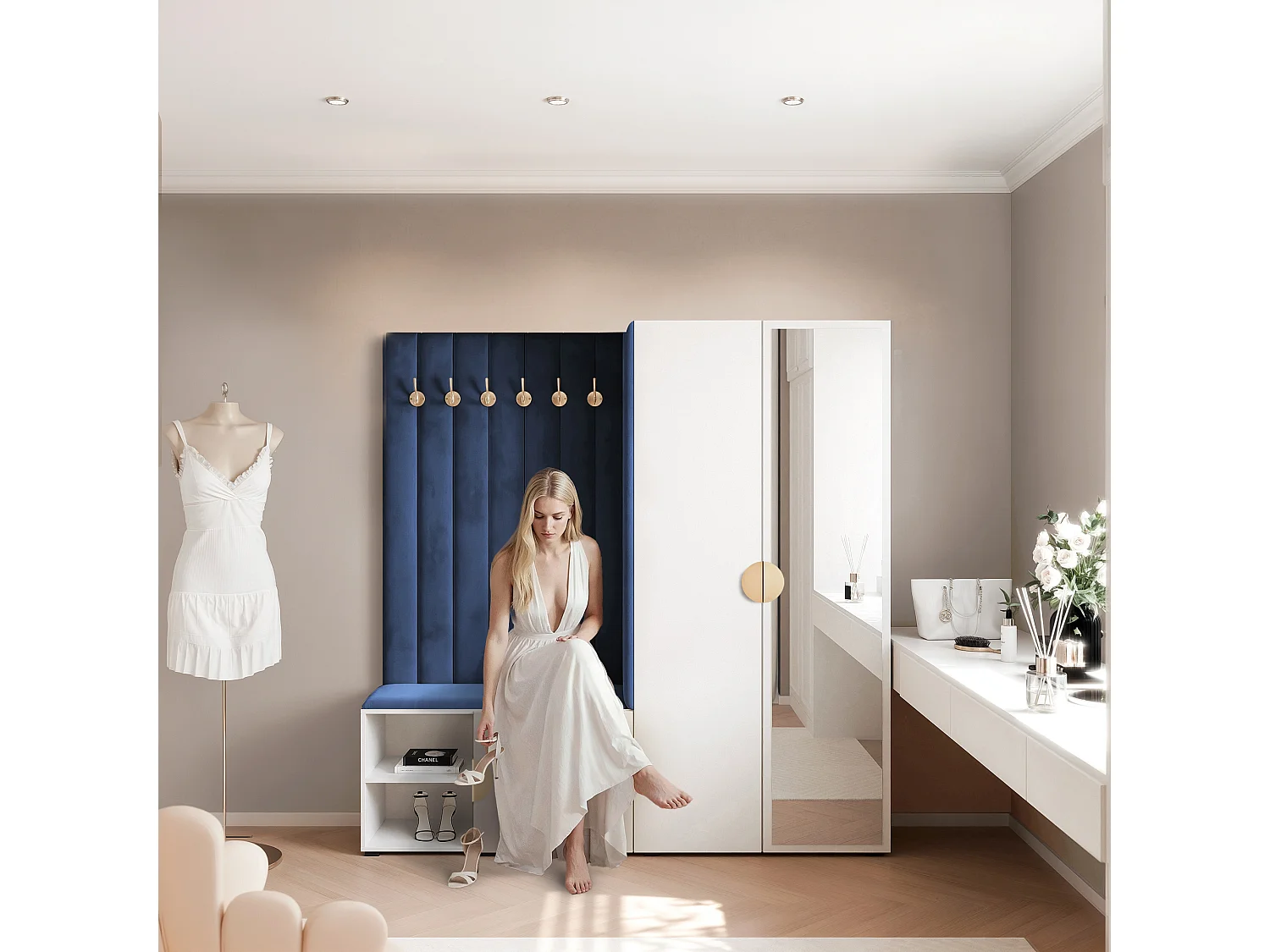 Vestiaire Aria 190 cm Blanc Rembourré Bleu Atlantique Soft-Close Poignées Doré