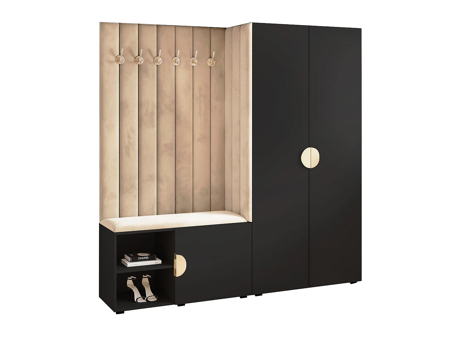 Garderobe Aria 190 cm Schwarz Gepolstert Beige Soft-Close Griffe Gold