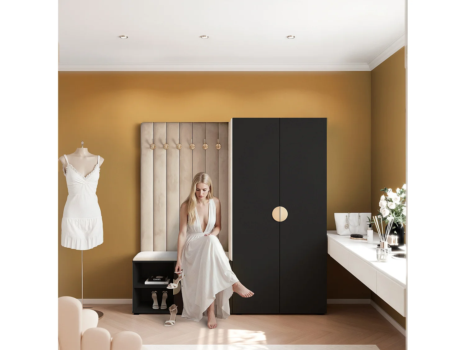 Garderobe Aria 190 cm Schwarz Gepolstert Beige Soft-Close Griffe Gold