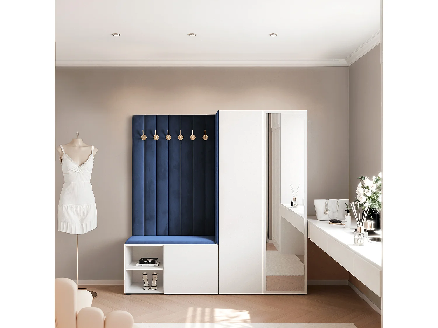 Garderobe Aria 190 cm Weiß Gepolstert Atlantikblau Soft-Close Push-to-Open