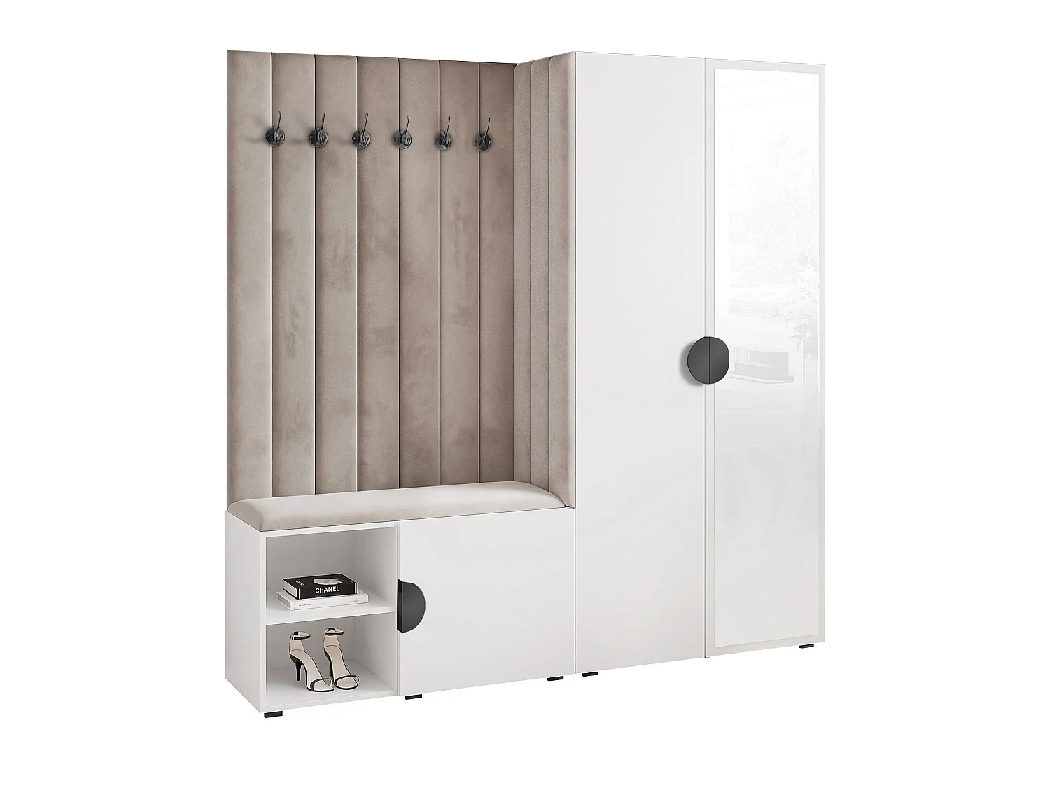 Vestiaire Aria 190 cm Blanc Rembourré Gris Clair Soft-Close Poignées Noir