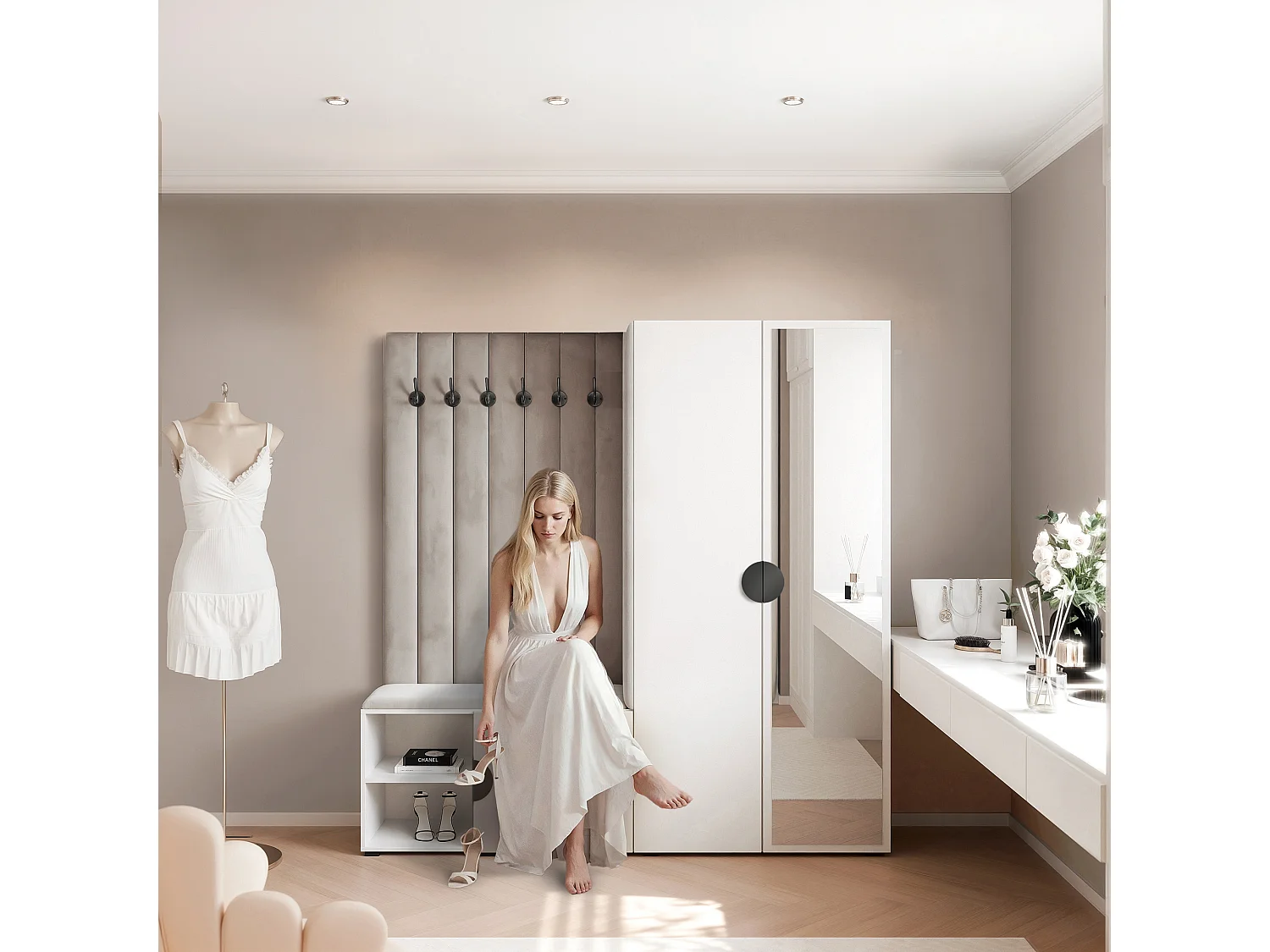 Vestiaire Aria 190 cm Blanc Rembourré Gris Clair Soft-Close Poignées Noir