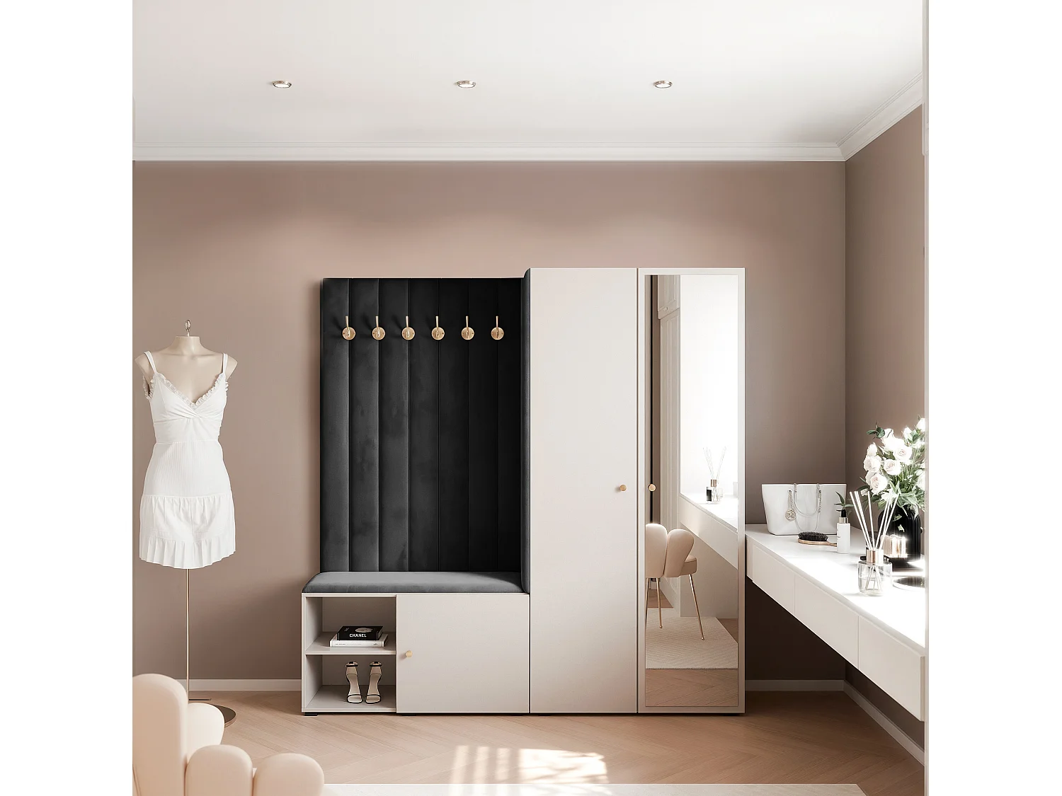 Vestiaire Aria 190 cm Cachemire Rembourré Noir Soft-Close Poignées Doré