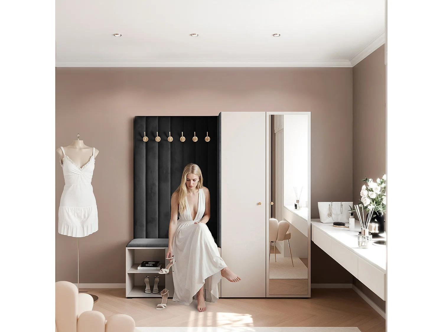 Vestiaire Aria 190 cm Cachemire Rembourré Noir Soft-Close Poignées Doré