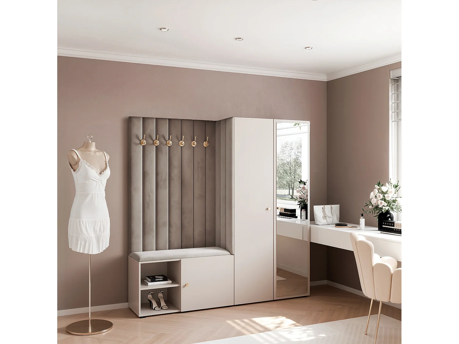 Vestiaire Aria 190 cm Cachemire Rembourré Gris Souris Soft-Close Poignées Doré